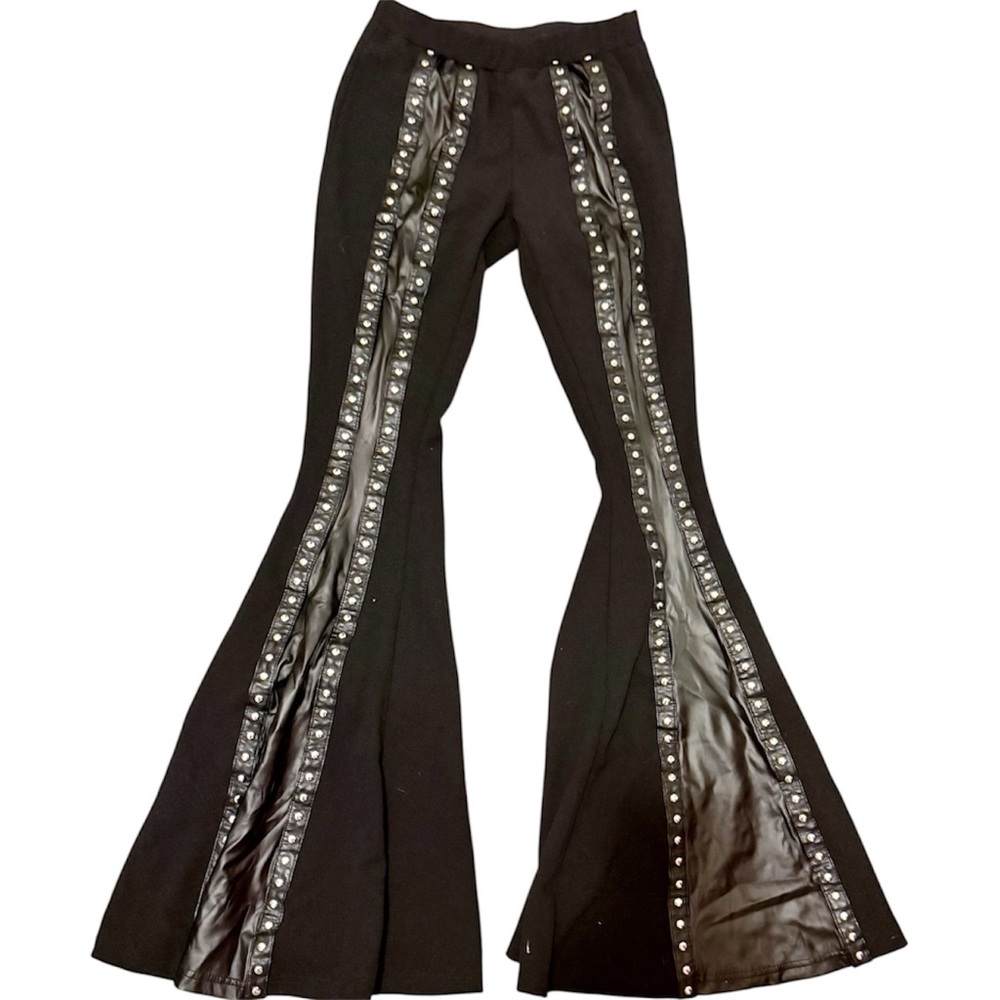 Black Bellbottom Pants with Studded Detail along Faux Leather panel